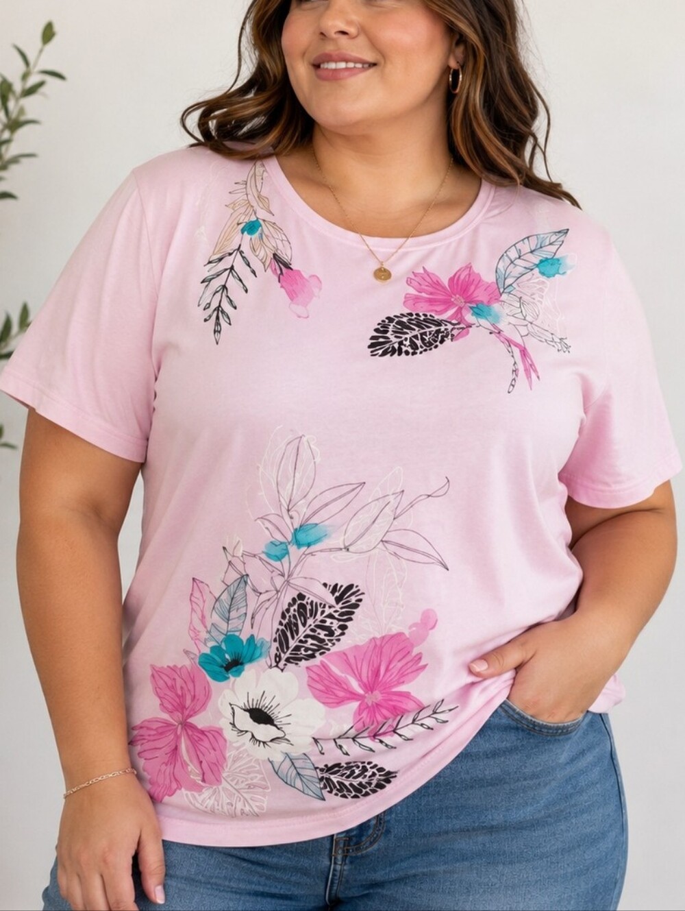 Size L Pink Graphic Boxy Tee with Short Sleeves